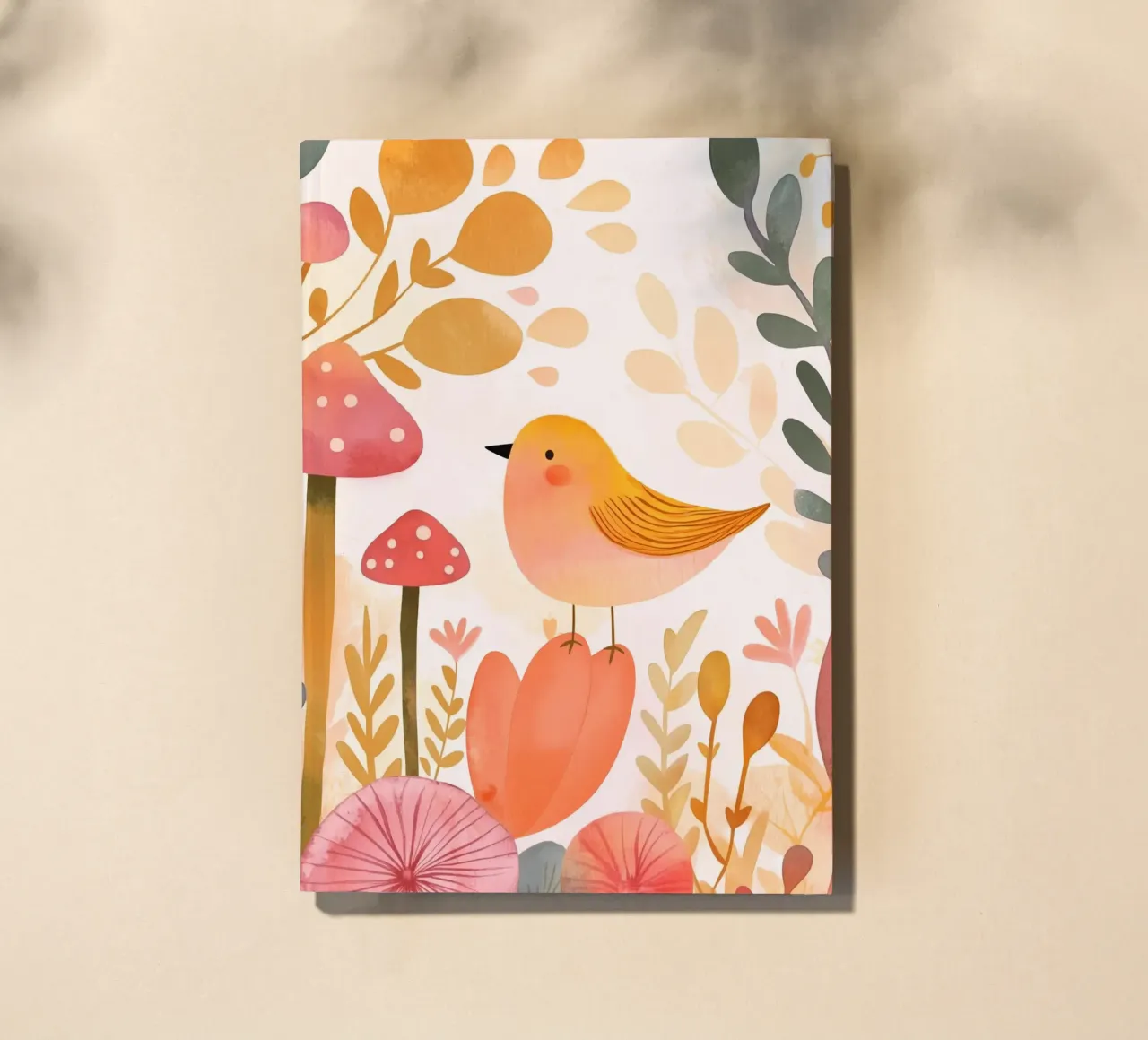 Oiseau jaune fantaisiste dans un jardin de fleurs de champignons Boho carnet de notes de Gentle Echoes Art