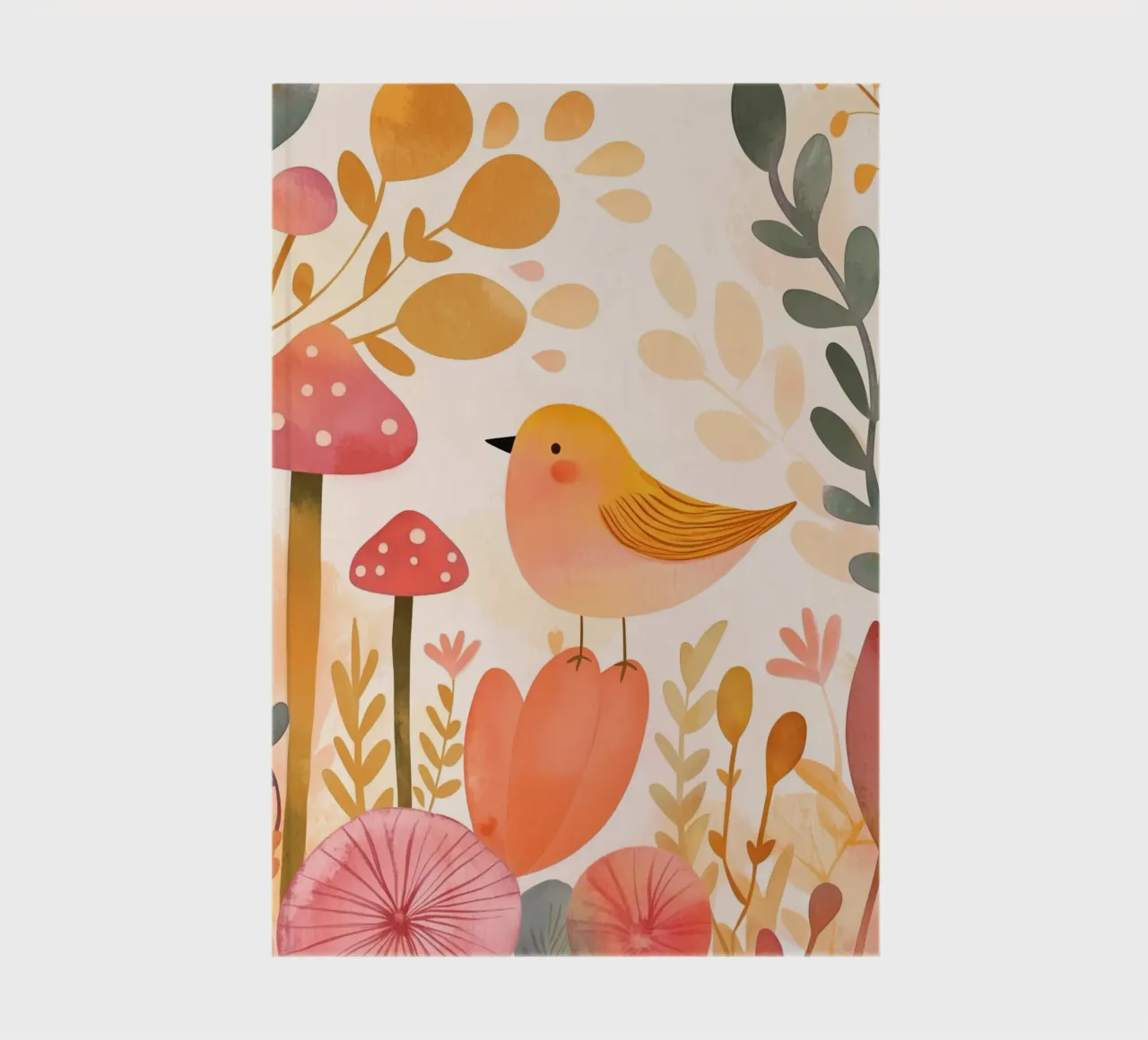 Oiseau jaune fantaisiste dans un jardin de fleurs de champignons Boho carnet de notes de Gentle Echoes Art