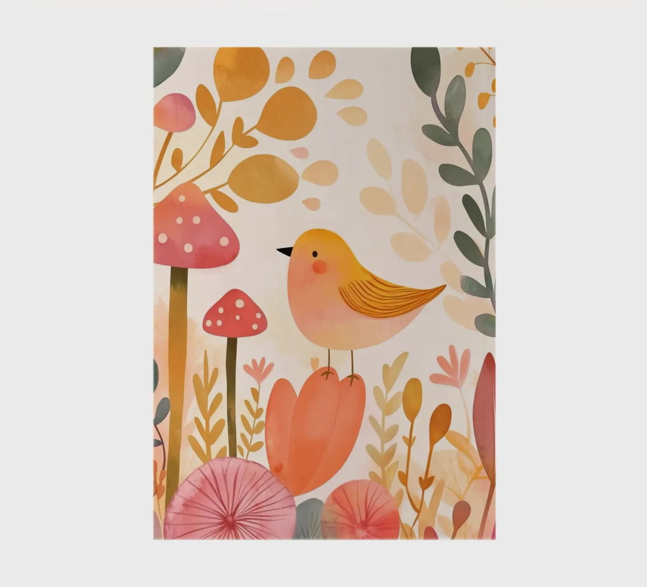 Oiseau jaune fantaisiste dans un jardin de fleurs de champignons Boho carnet de notes de Gentle Echoes Art