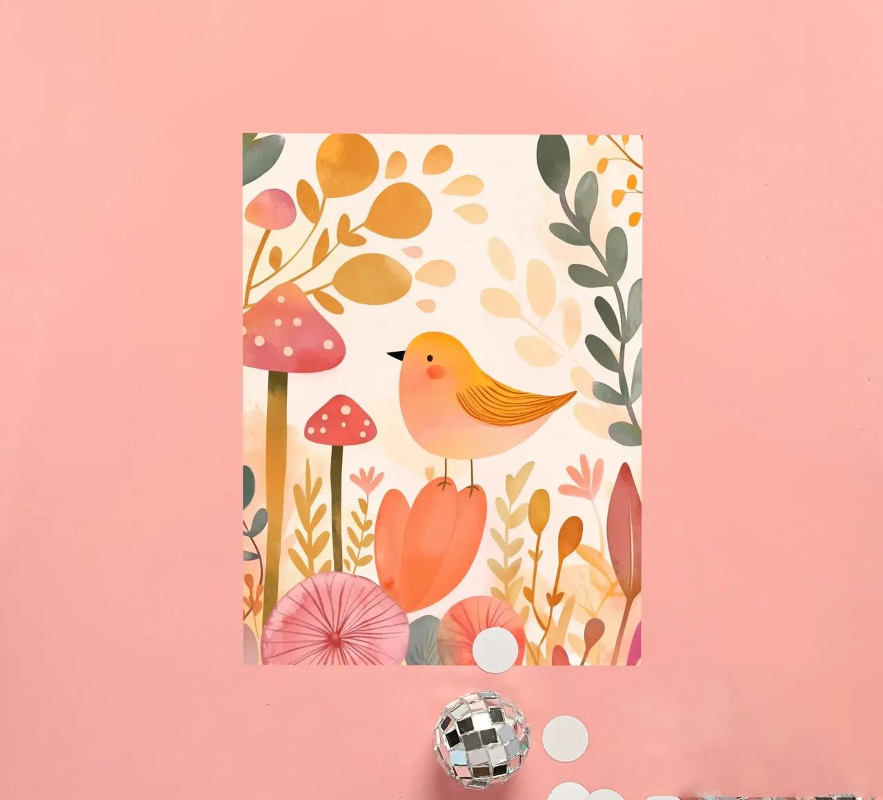 Oiseau jaune fantaisiste dans un jardin de fleurs de champignons Boho autocollant de Gentle Echoes Art