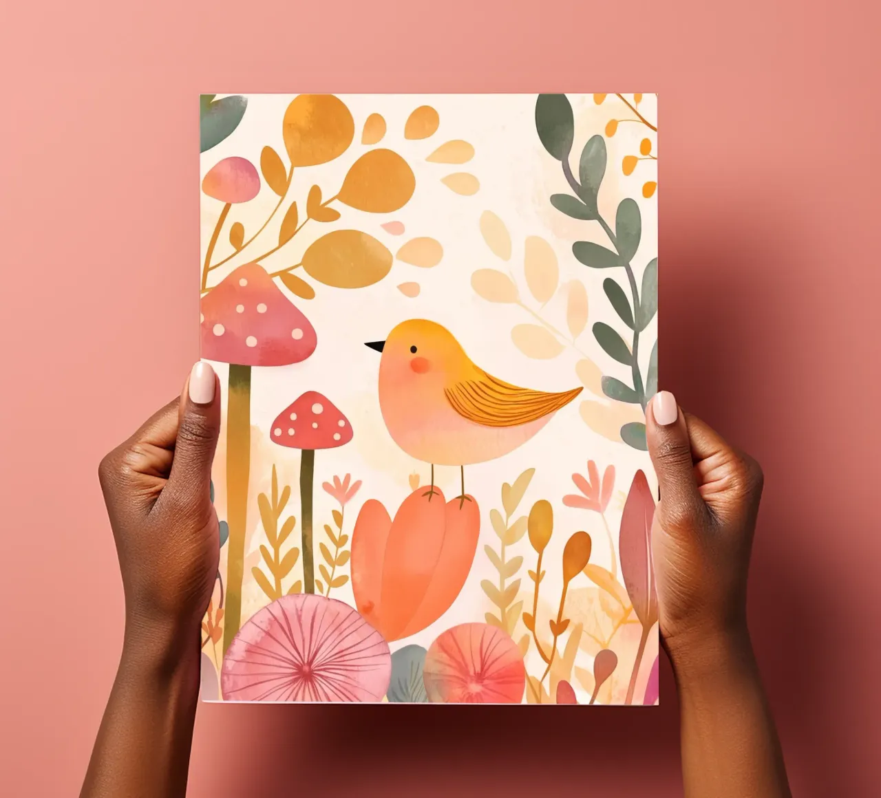 Oiseau jaune fantaisiste dans un jardin de fleurs de champignons Boho planche autocollant de Gentle Echoes Art