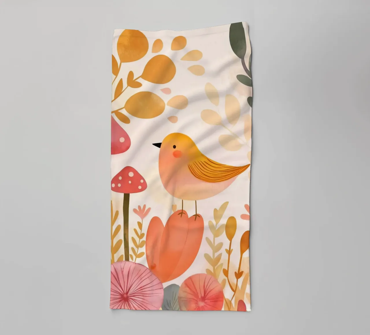 Oiseau jaune fantaisiste dans un jardin de fleurs de champignons Boho serviette de bain de Gentle Echoes Art