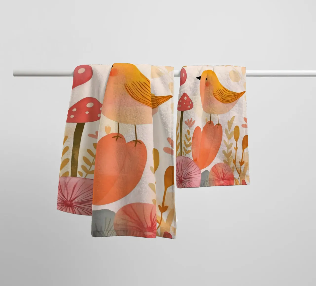 Oiseau jaune fantaisiste dans un jardin de fleurs de champignons Boho serviette de bain de Gentle Echoes Art