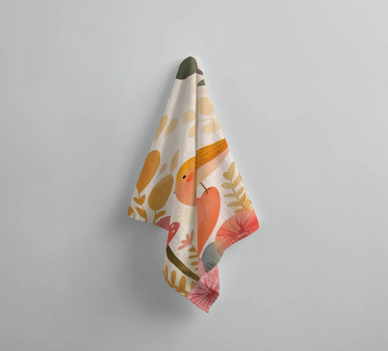 Oiseau jaune fantaisiste dans un jardin de fleurs de champignons Boho serviette de bain de Gentle Echoes Art
