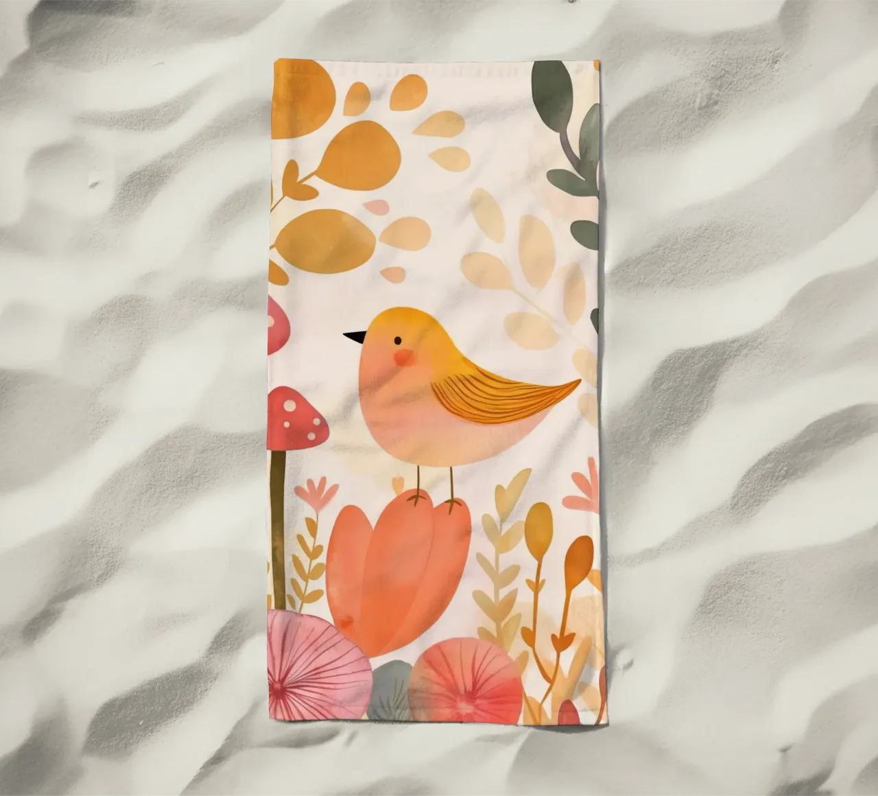 Oiseau jaune fantaisiste dans un jardin de fleurs de champignons Boho serviette de plage de Gentle Echoes Art