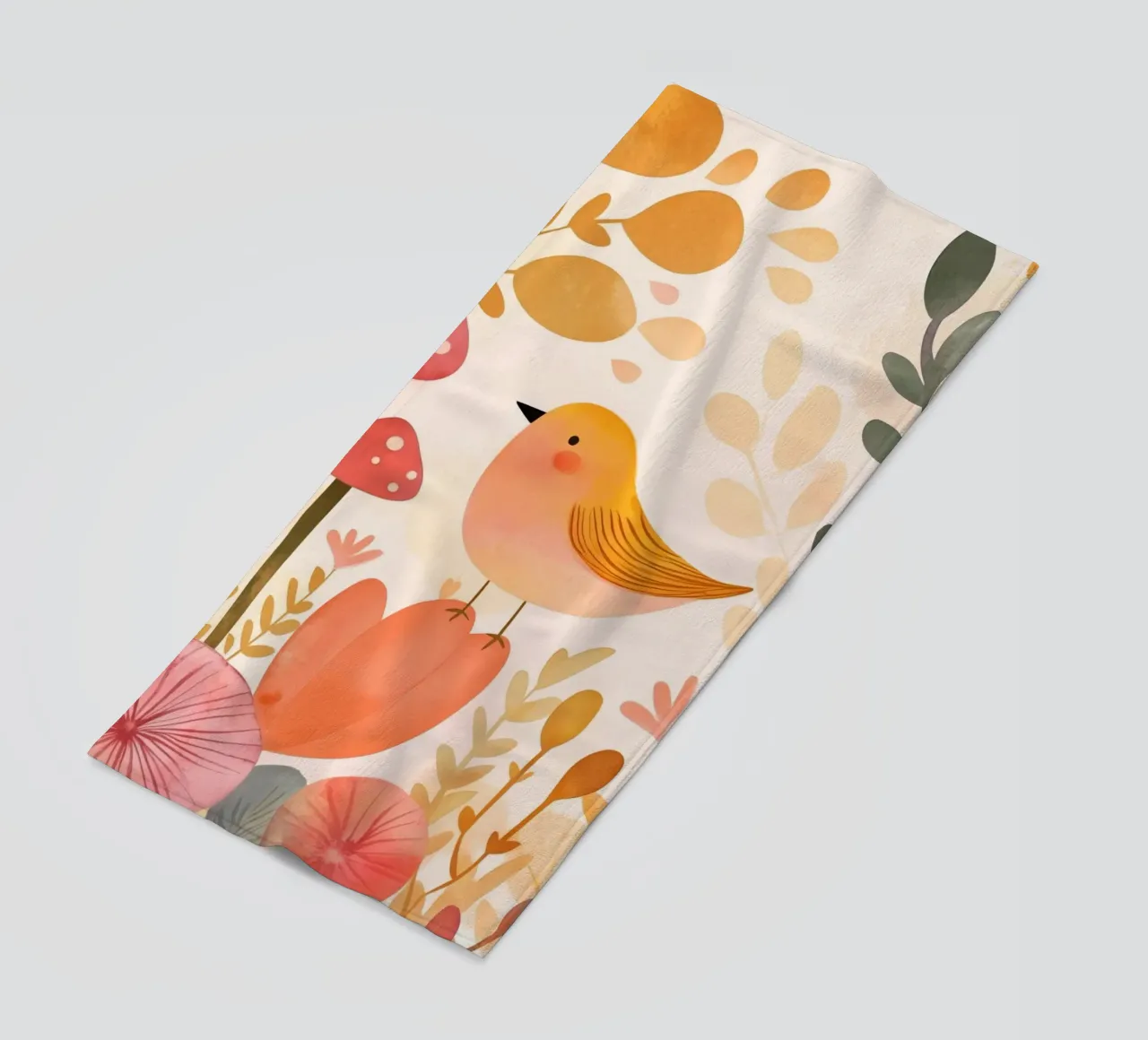 Oiseau jaune fantaisiste dans un jardin de fleurs de champignons Boho serviette de plage de Gentle Echoes Art