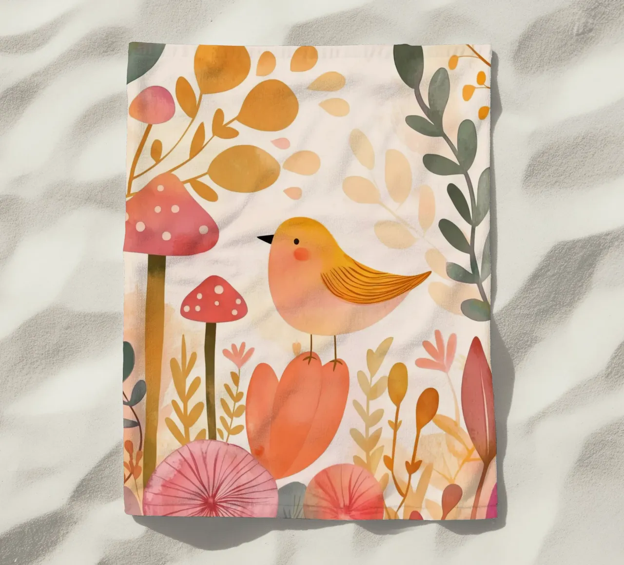 Oiseau jaune fantaisiste dans un jardin de fleurs de champignons Boho serviette de plage de Gentle Echoes Art