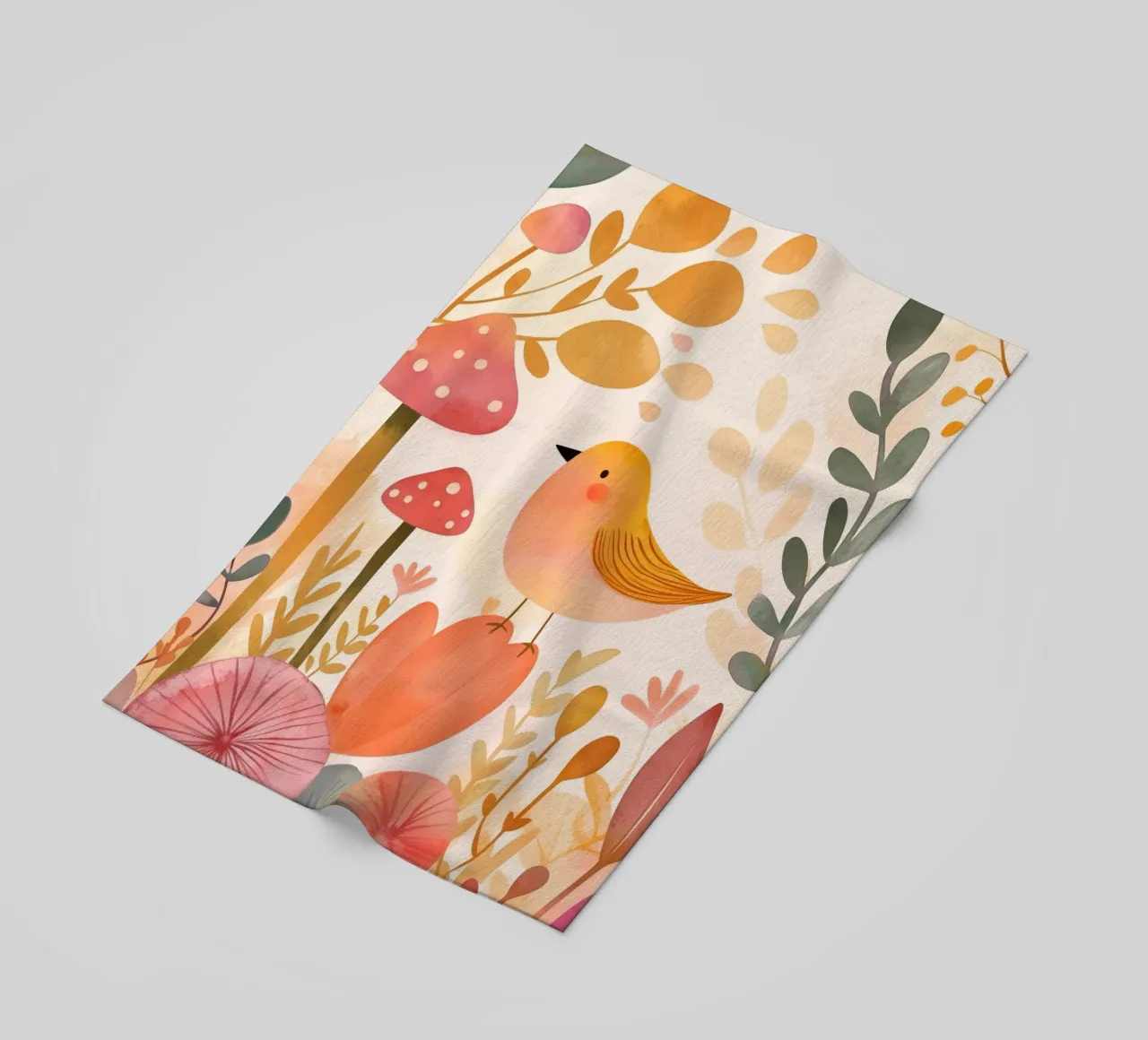 Oiseau jaune fantaisiste dans un jardin de fleurs de champignons Boho serviette de plage de Gentle Echoes Art