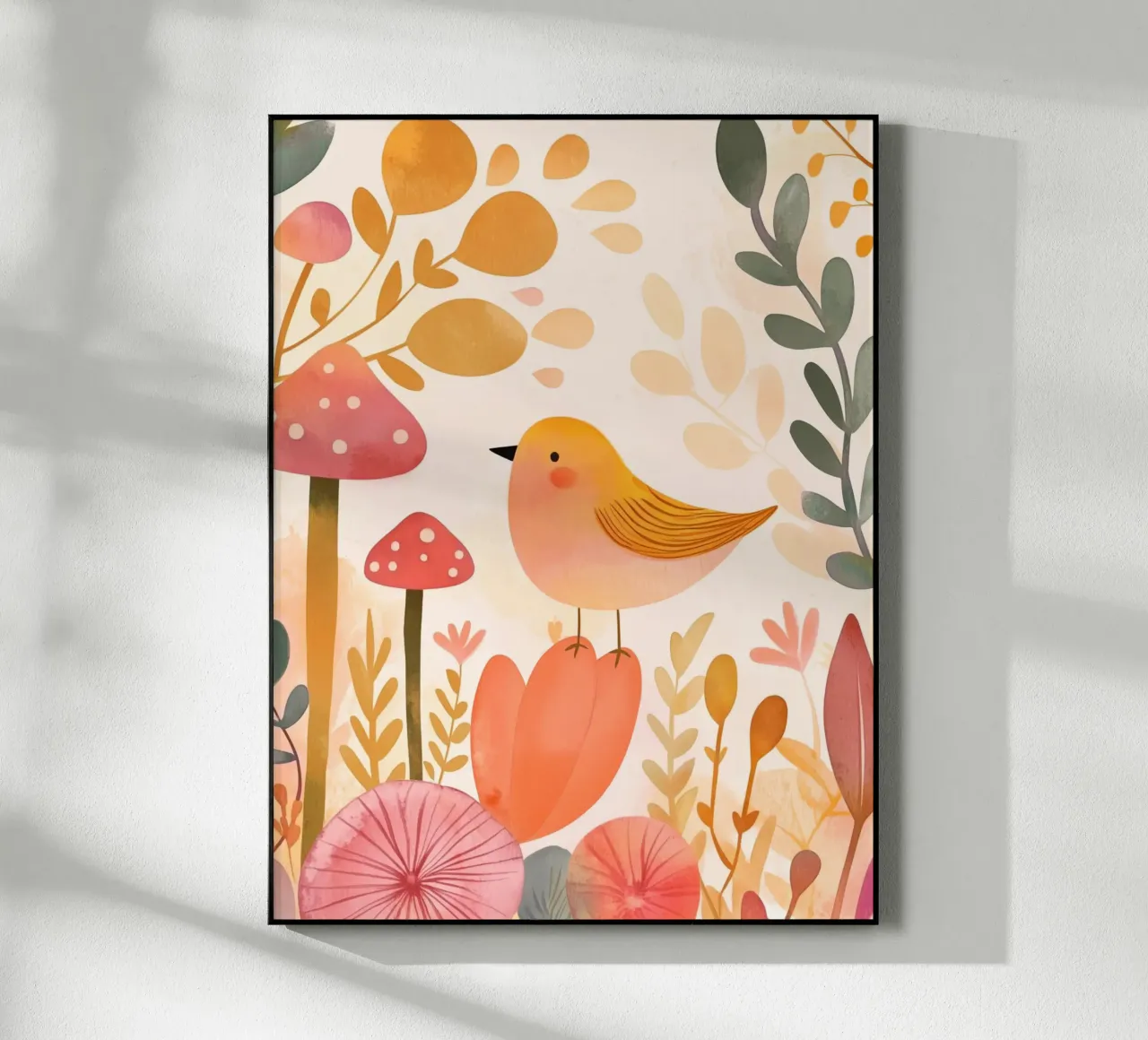 Oiseau jaune fantaisiste dans un jardin de fleurs de champignons Boho plexiglas de Gentle Echoes Art
