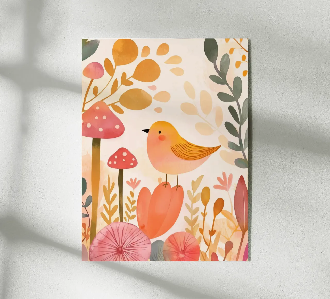 Oiseau jaune fantaisiste dans un jardin de fleurs de champignons Boho plexiglas de Gentle Echoes Art