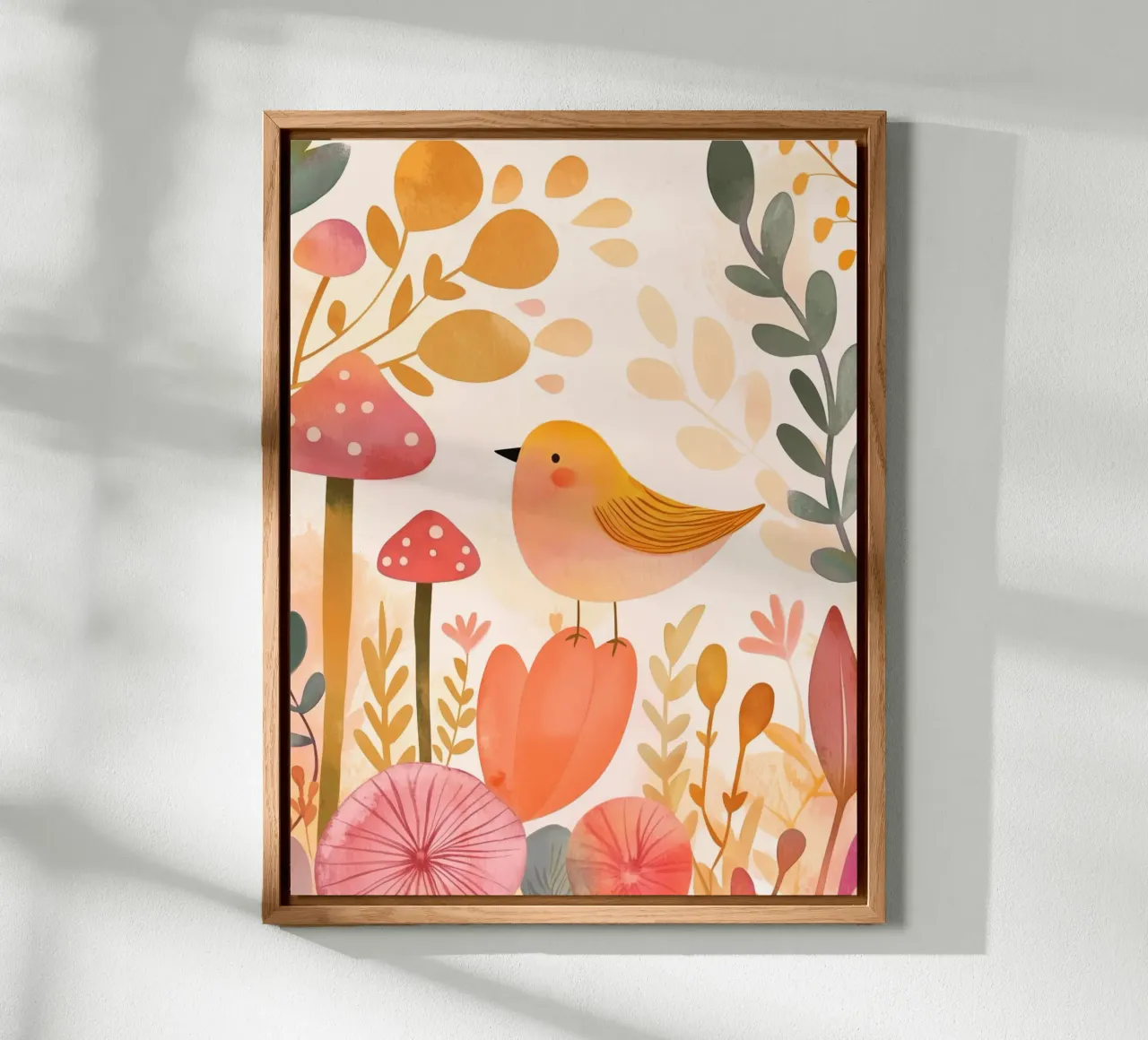 Oiseau jaune fantaisiste dans un jardin de fleurs de champignons Boho alu dibond de Gentle Echoes Art