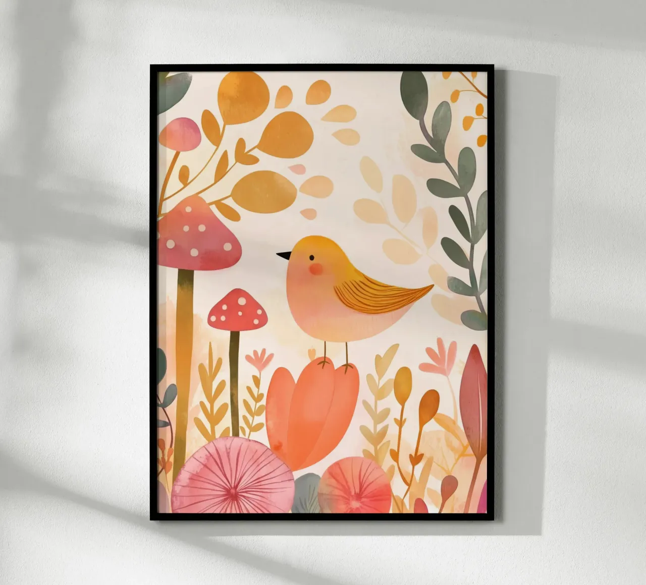 Oiseau jaune fantaisiste dans un jardin de fleurs de champignons Boho hahnemühle de Gentle Echoes Art