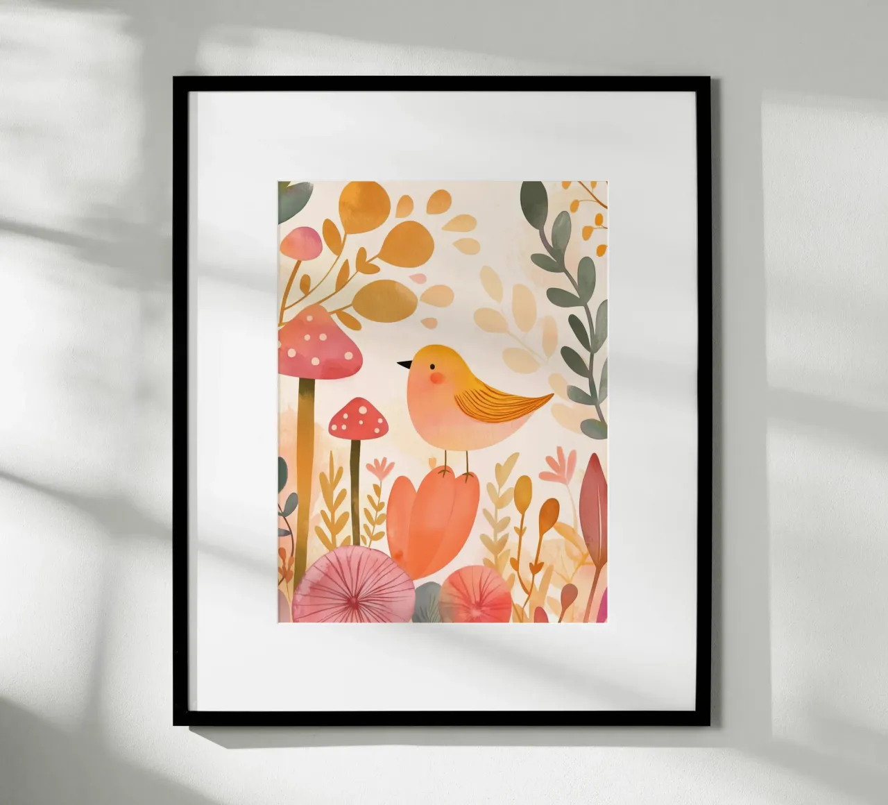 Oiseau jaune fantaisiste dans un jardin de fleurs de champignons Boho hahnemühle de Gentle Echoes Art