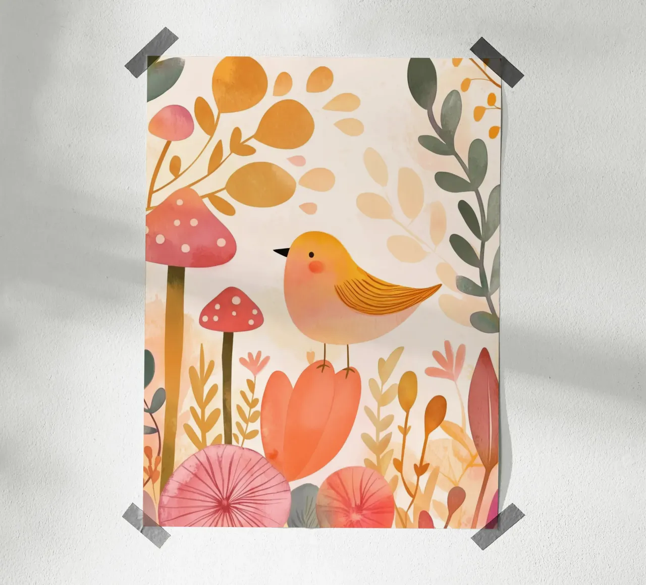 Oiseau jaune fantaisiste dans un jardin de fleurs de champignons Boho hahnemühle de Gentle Echoes Art