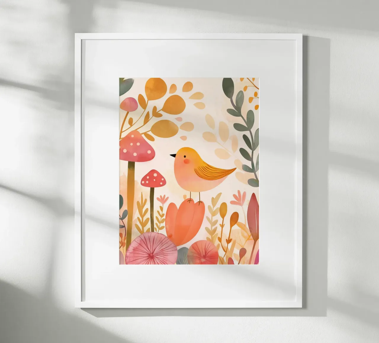 Oiseau jaune fantaisiste dans un jardin de fleurs de champignons Boho hahnemühle de Gentle Echoes Art