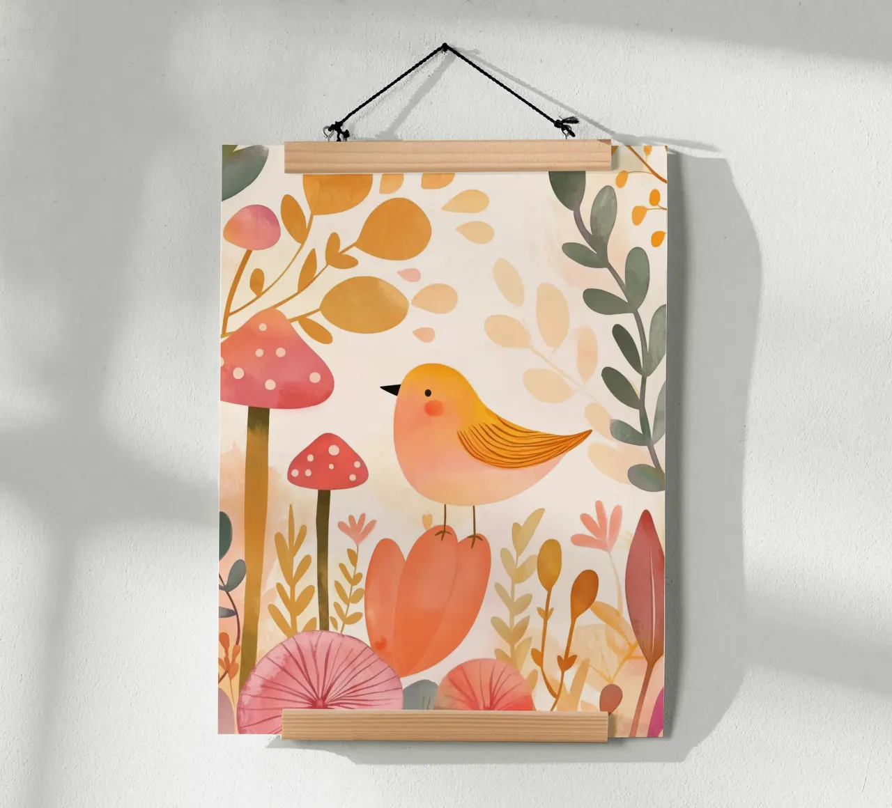 Oiseau jaune fantaisiste dans un jardin de fleurs de champignons Boho hahnemühle de Gentle Echoes Art