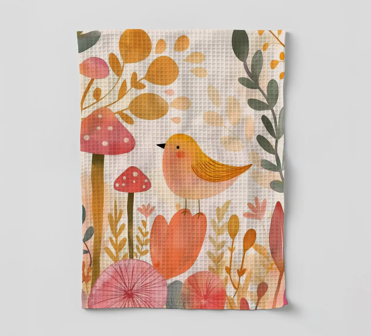 Oiseau jaune fantaisiste dans un jardin de fleurs de champignons Boho torchon de Gentle Echoes Art