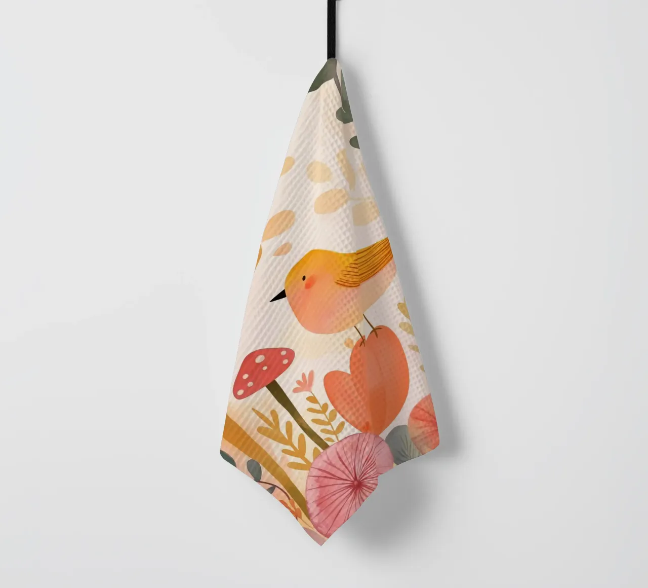 Oiseau jaune fantaisiste dans un jardin de fleurs de champignons Boho torchon de Gentle Echoes Art