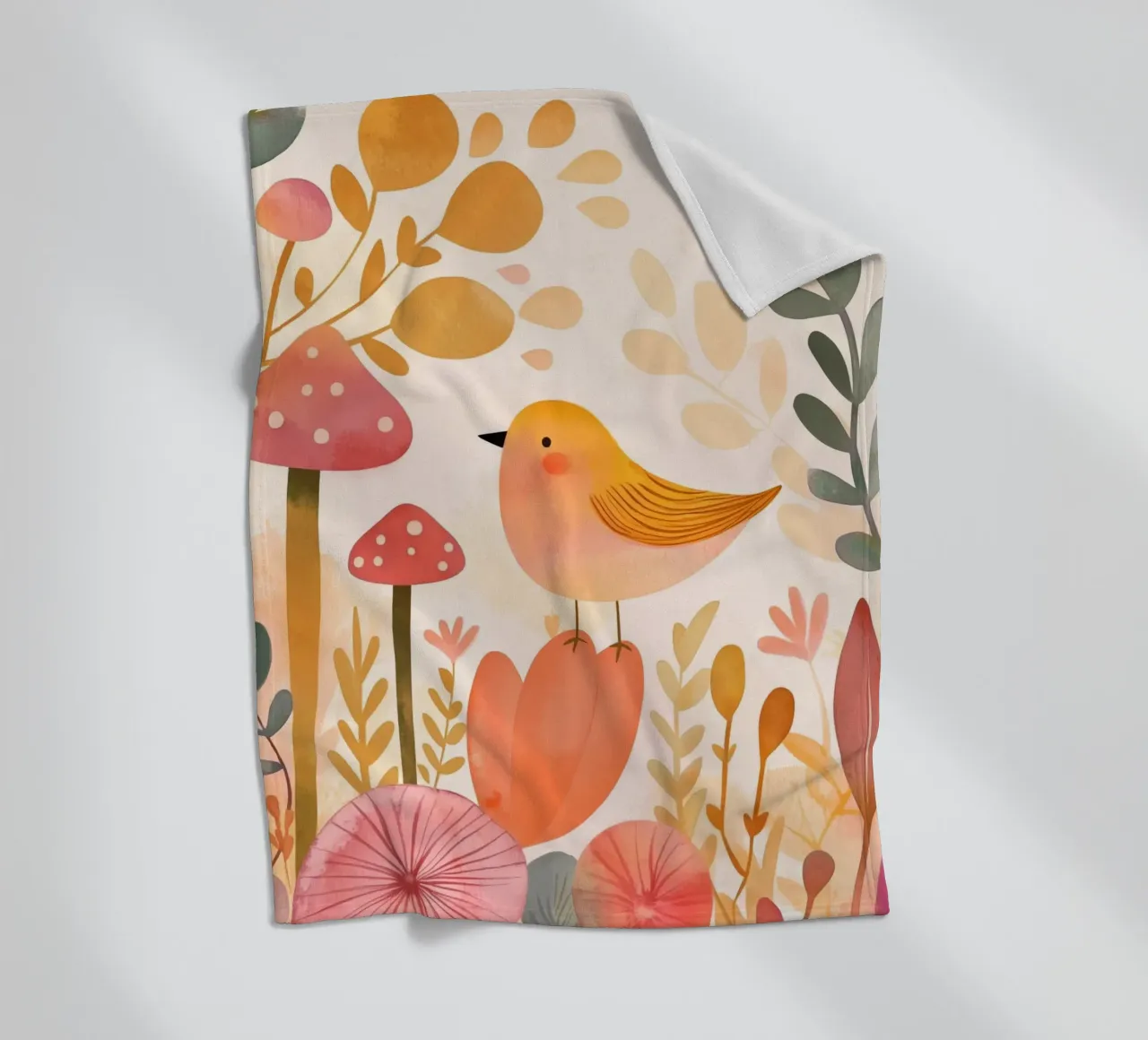 Oiseau jaune fantaisiste dans un jardin de fleurs de champignons Boho plaid polaire de Gentle Echoes Art