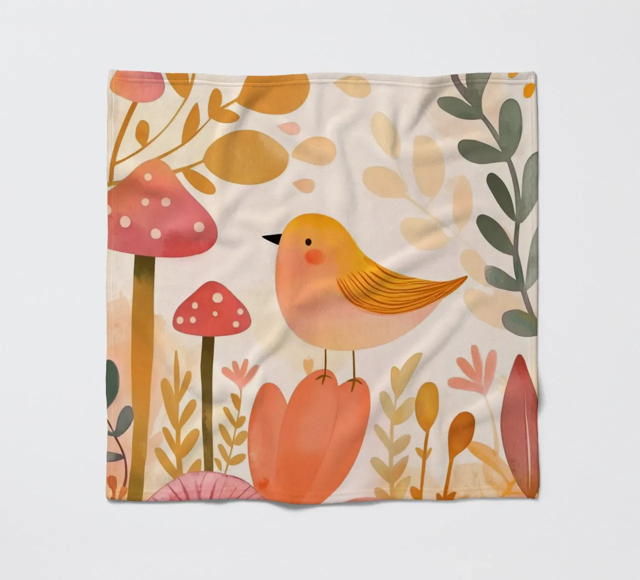 Oiseau jaune fantaisiste dans un jardin de fleurs de champignons Boho plaid polaire de Gentle Echoes Art