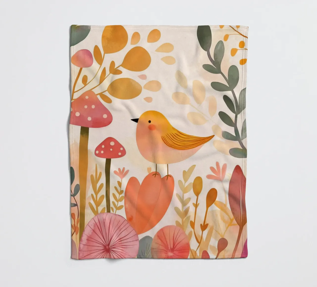Oiseau jaune fantaisiste dans un jardin de fleurs de champignons Boho plaid polaire de Gentle Echoes Art