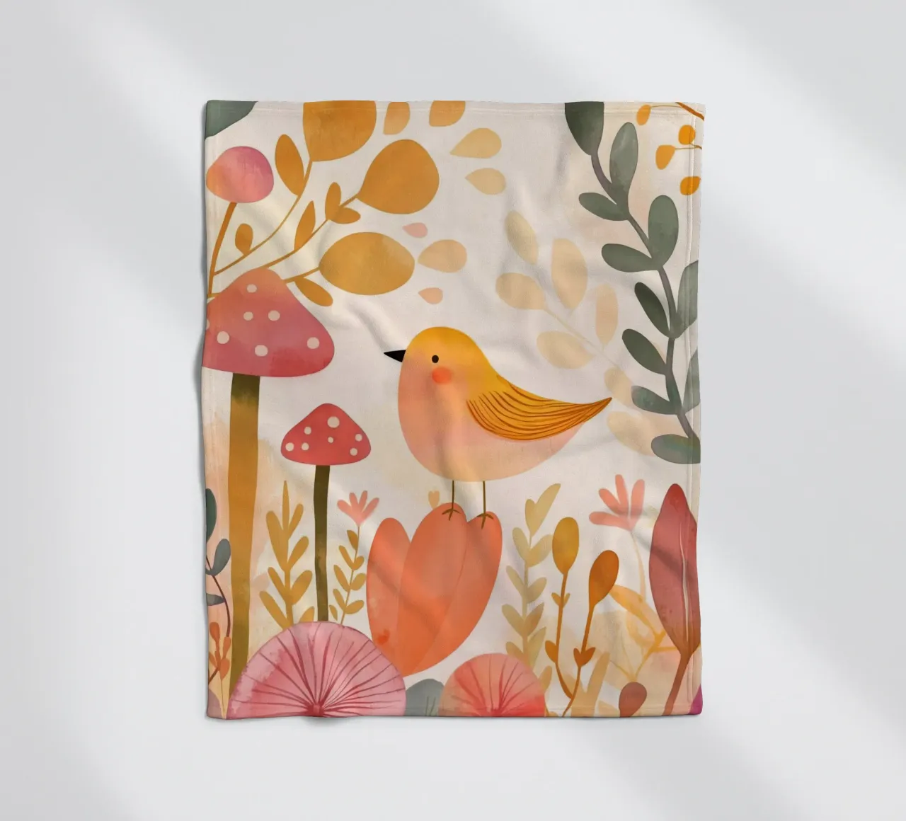 Oiseau jaune fantaisiste dans un jardin de fleurs de champignons Boho plaid polaire de Gentle Echoes Art