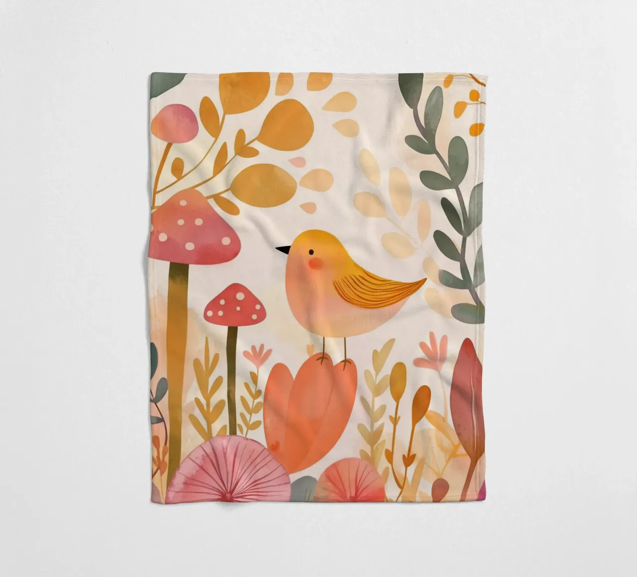 Oiseau jaune fantaisiste dans un jardin de fleurs de champignons Boho plaid polaire de Gentle Echoes Art