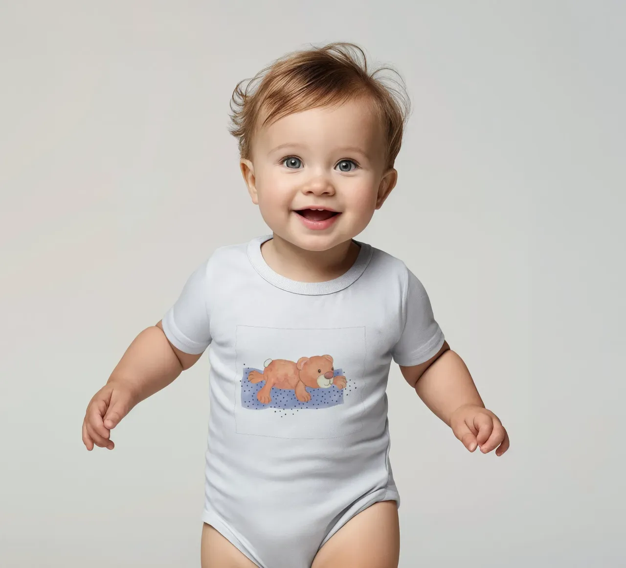 Kuschelbär liegend auf Decke Kurzarm Babybody von Farbwelten