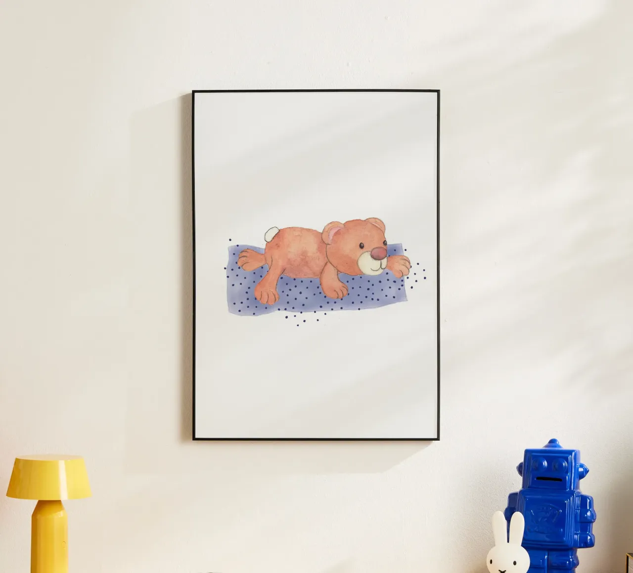 Cuddly bear lying on blanket alu-dibond by Farbwelten
