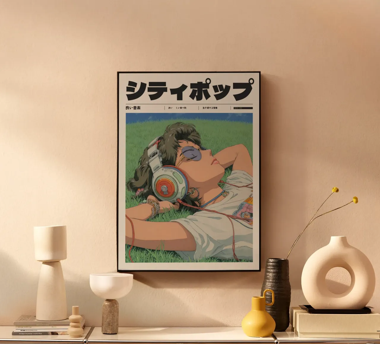 Ragazza Anime giapponese retrò su erba in ascolto plexiglass da Bakara