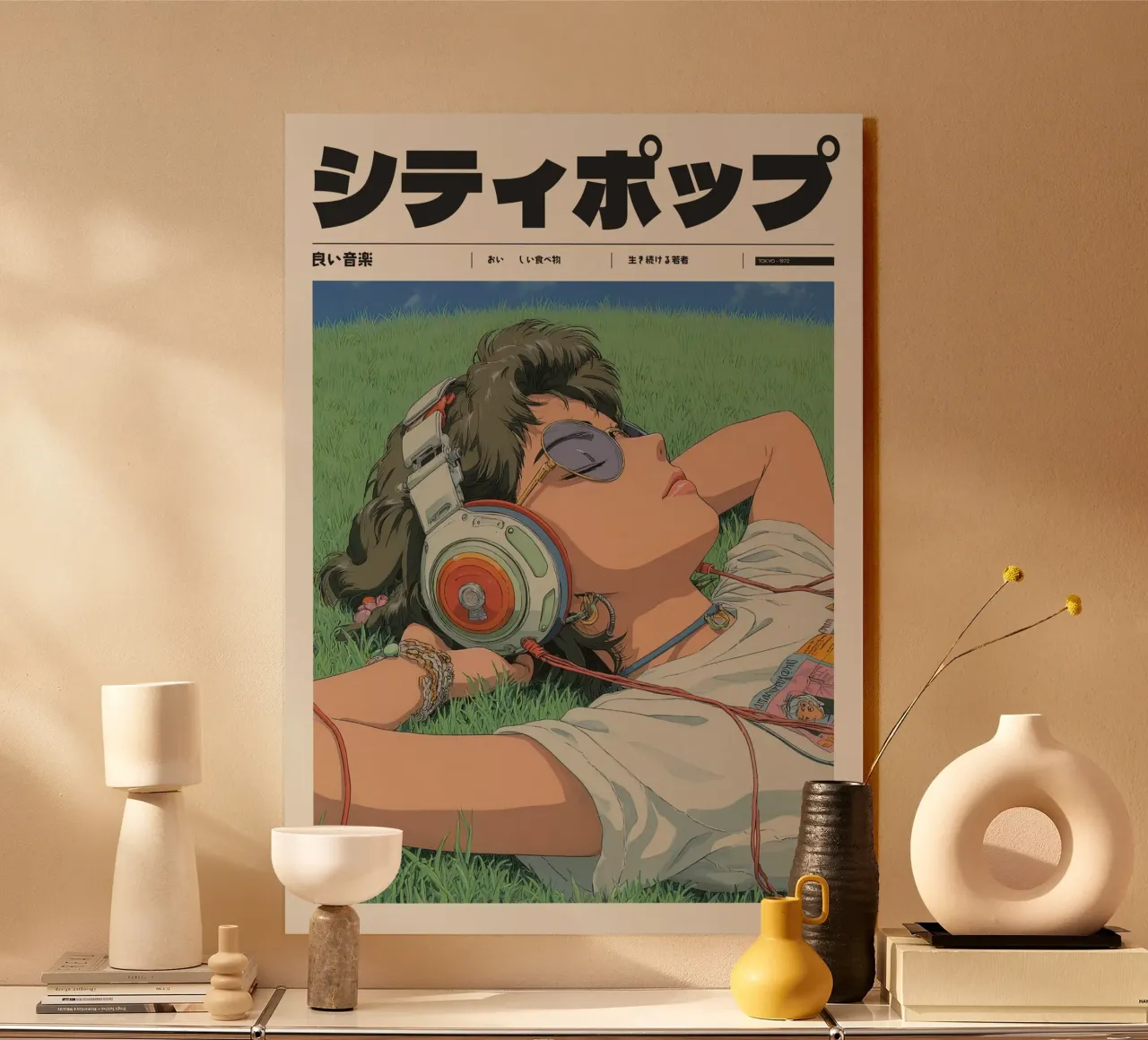 Ragazza Anime giapponese retrò su erba in ascolto plexiglass da Bakara