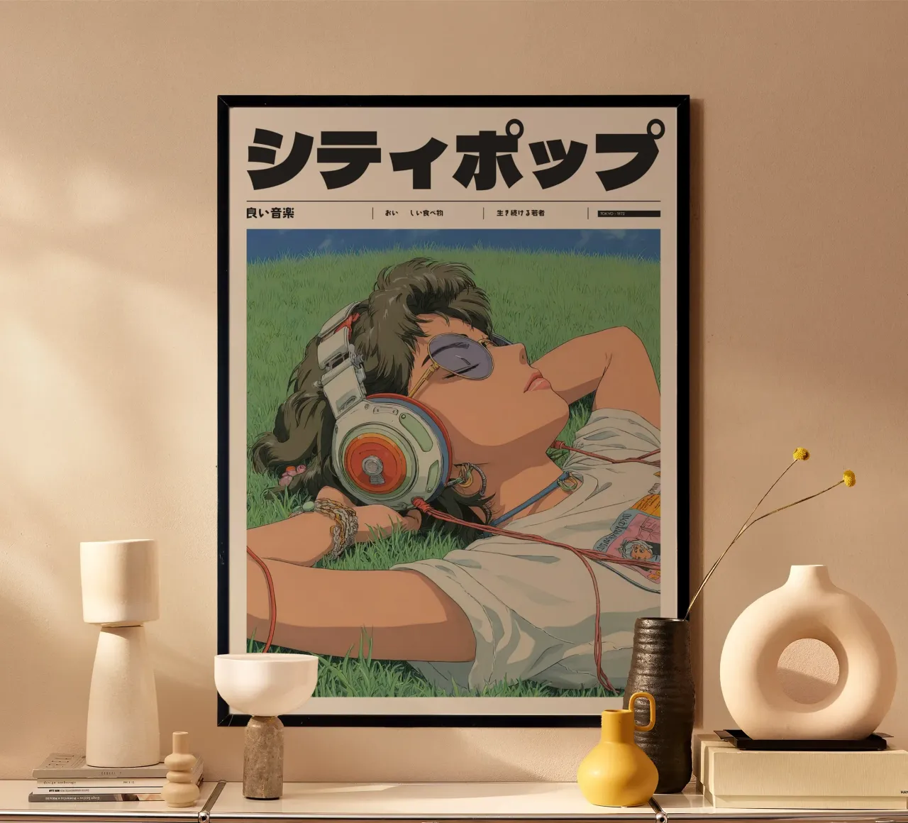 Ragazza Anime giapponese retrò su erba in ascolto carta hahnemühle da Bakara