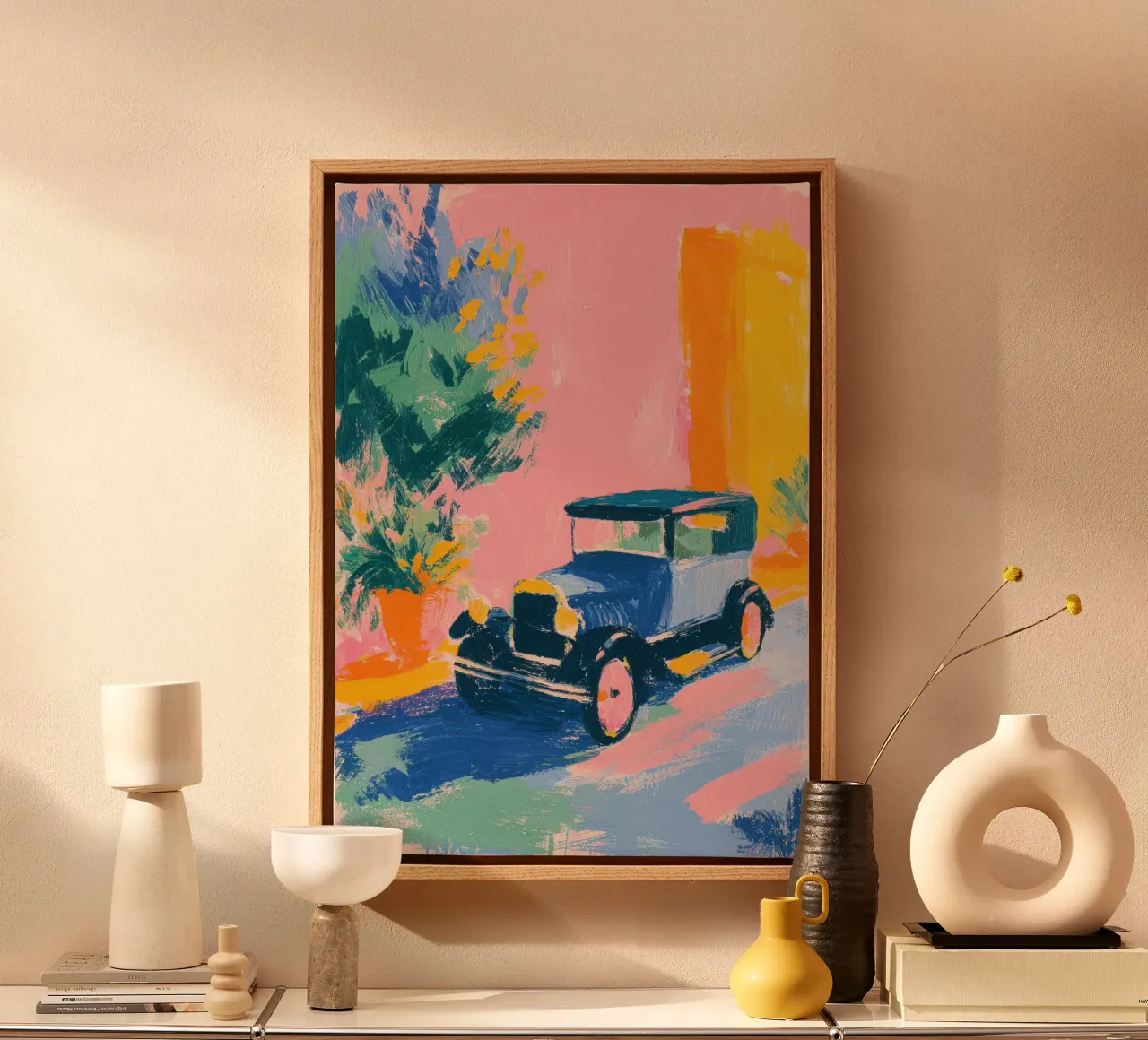 Vintage Auto in Pastell Leinwand von Nikis Art Studio