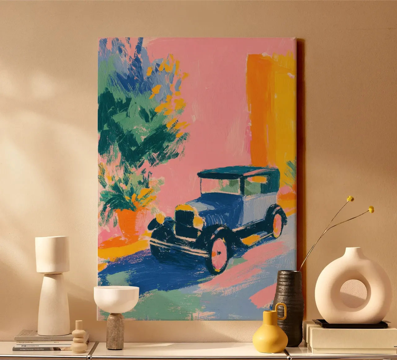 Vintage Auto in Pastell Leinwand von Nikis Art Studio