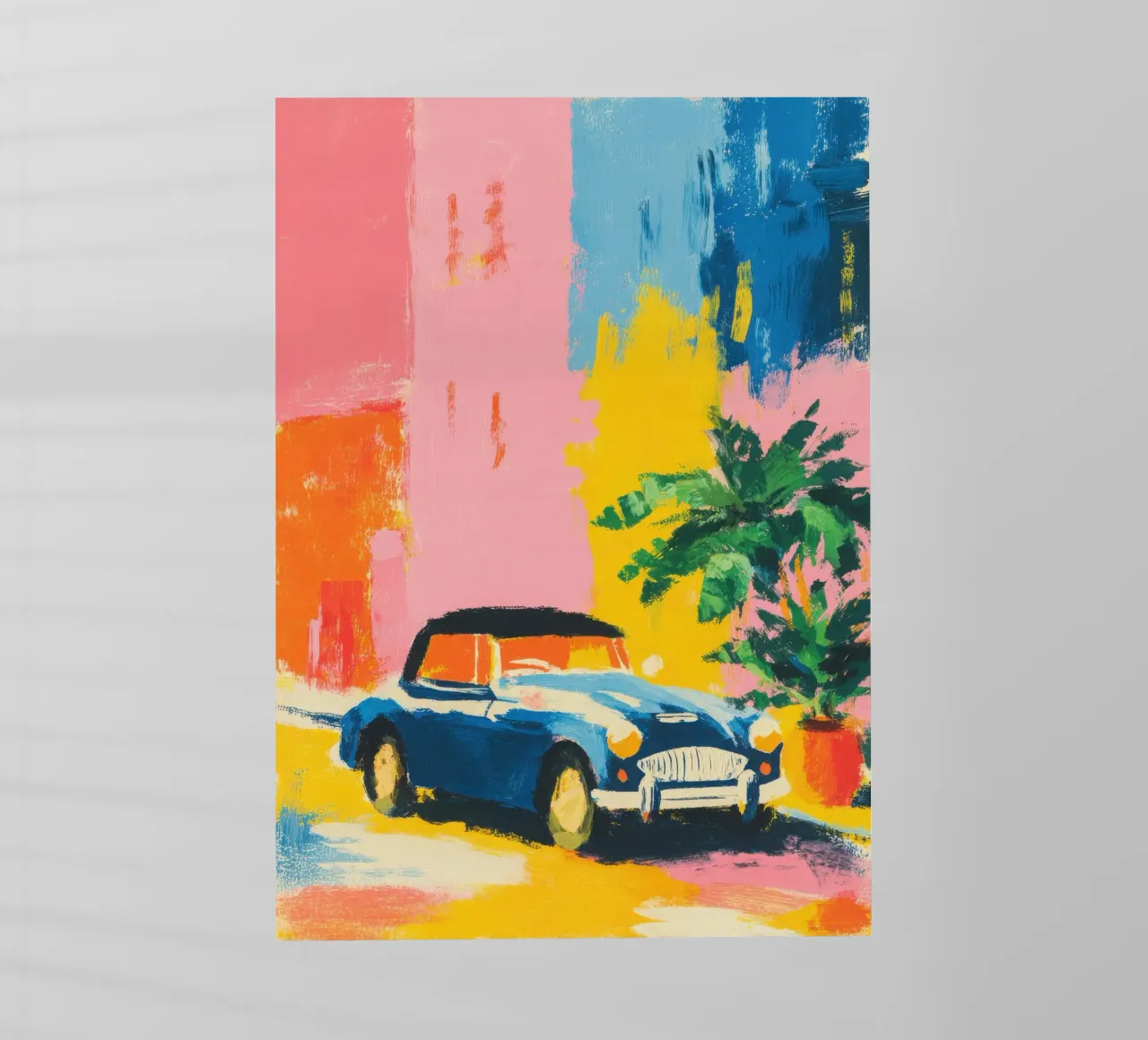 Cabriolet blu davanti a una casa color pastello pellicola backlit da ArtByNiki