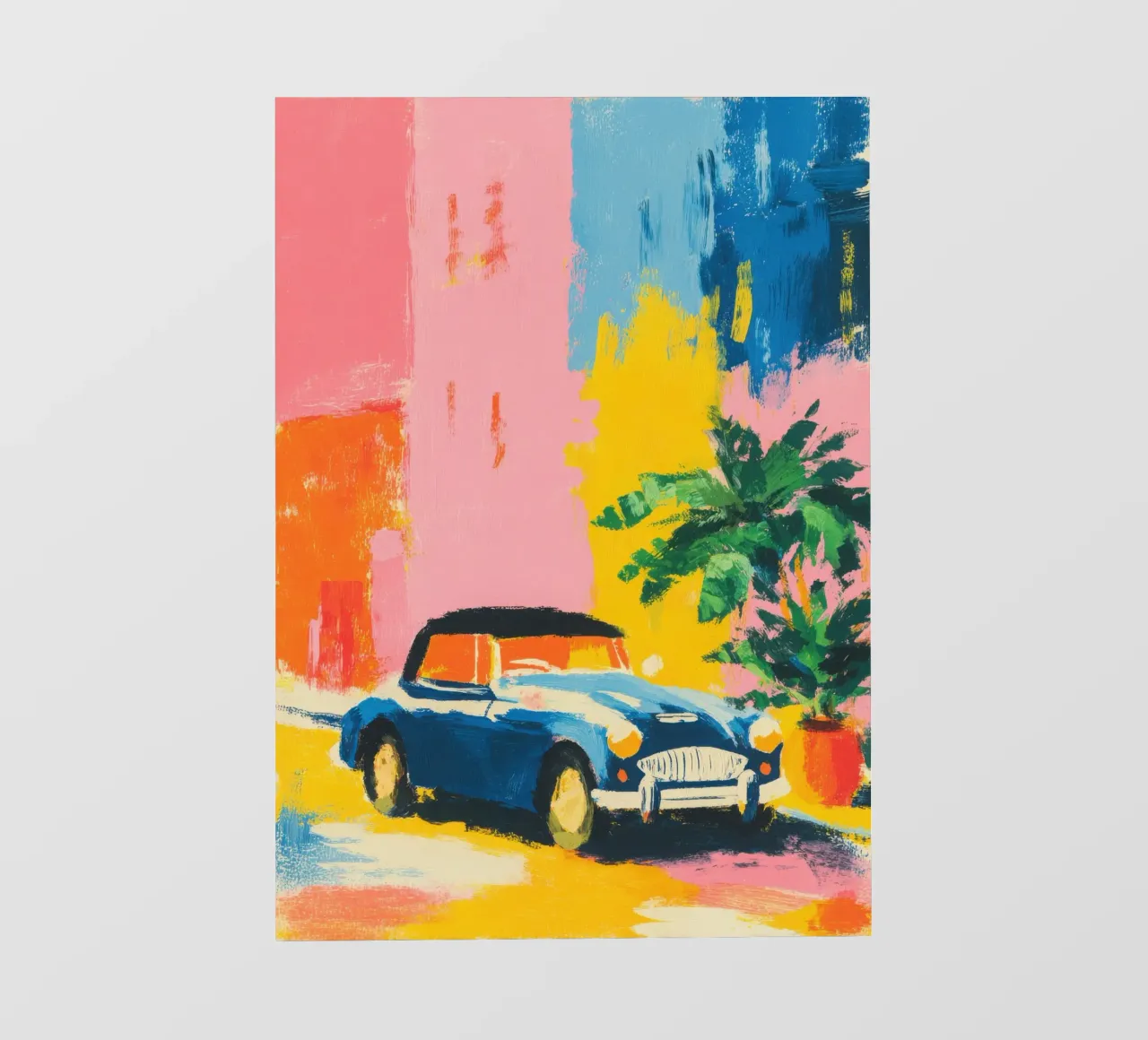 Cabriolet blu davanti a una casa color pastello pellicola backlit da ArtByNiki