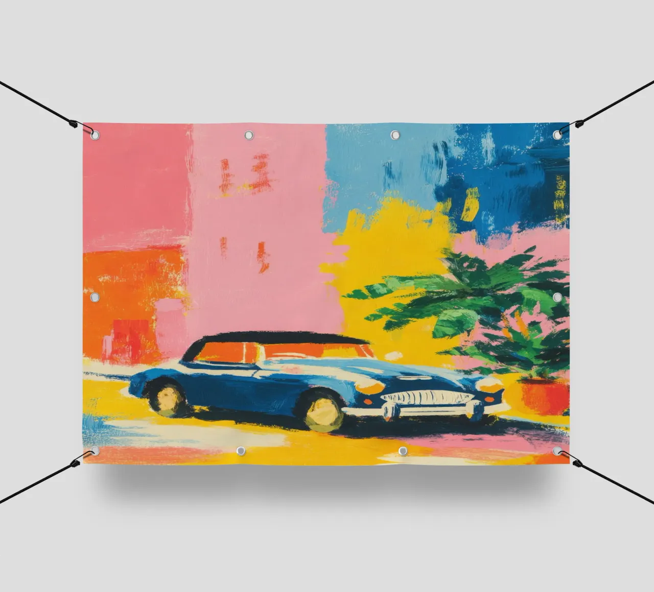 Cabriolet blu davanti a una casa color pastello telo in pvc da ArtByNiki