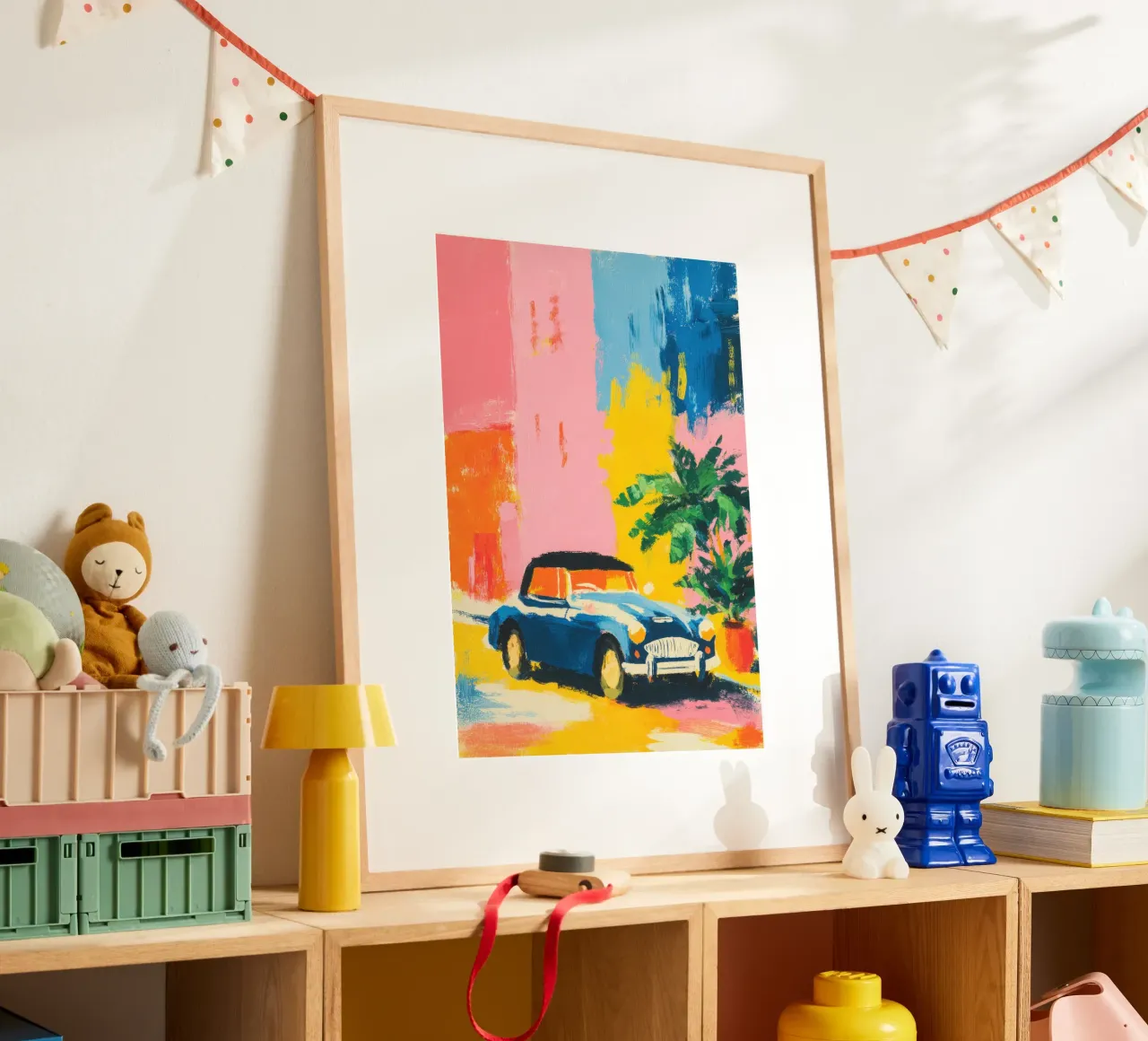 Cabriolet blu davanti a una casa color pastello carta hahnemühle da ArtByNiki
