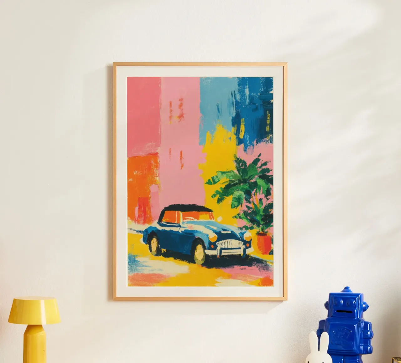 Cabriolet blu davanti a una casa color pastello carta hahnemühle da ArtByNiki