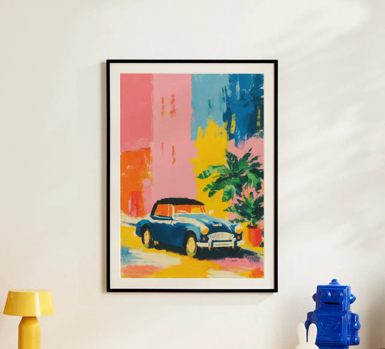 Cabriolet blu davanti a una casa color pastello carta hahnemühle da ArtByNiki
