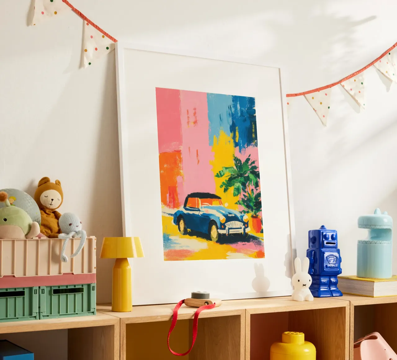 Cabriolet blu davanti a una casa color pastello carta hahnemühle da ArtByNiki