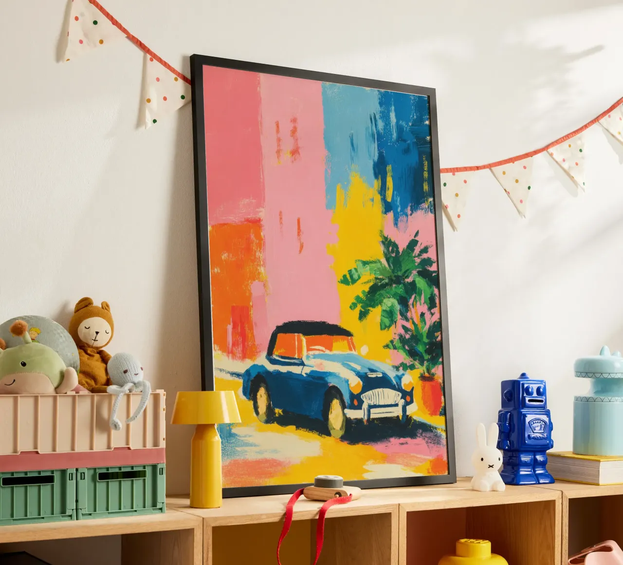 Cabriolet blu davanti a una casa color pastello carta hahnemühle da ArtByNiki