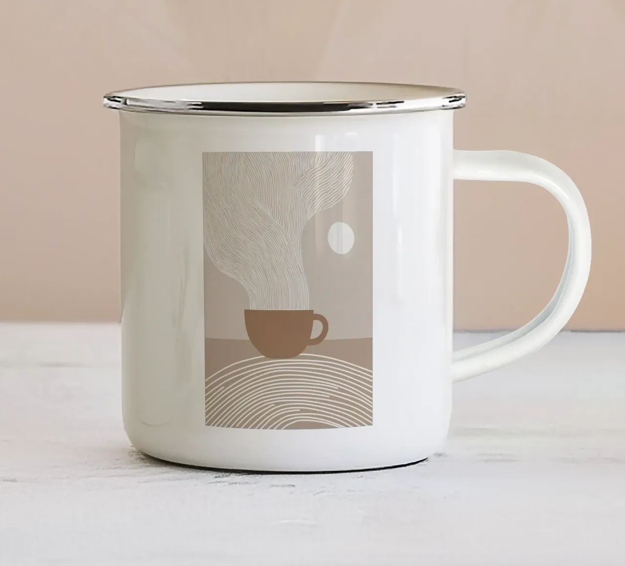 Zen latte | Line art bianca su beige tazza in smalto da Autofocus