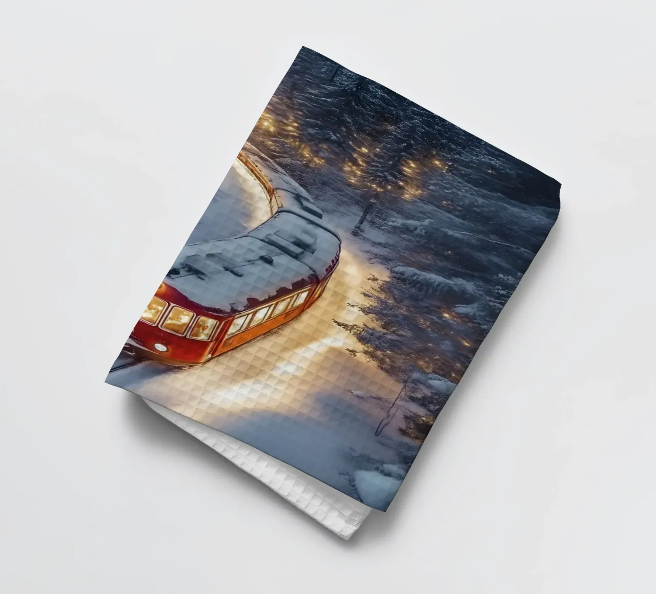 Train d'hiver dans la forêt de lumières - Magie de Noël torchon de Studio Vibe