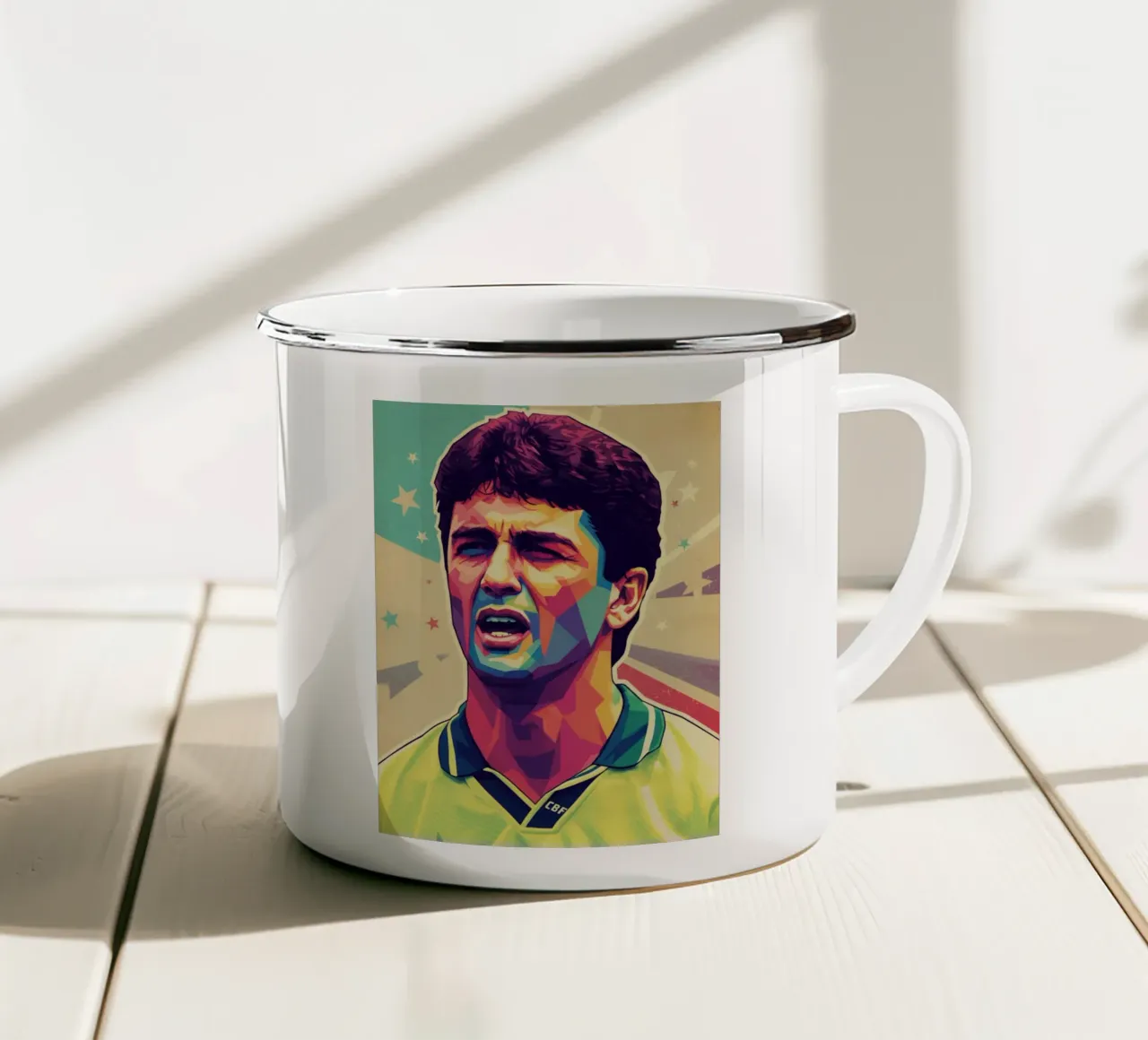 Ritratto pop art di Bebeto tazza in smalto da Hantamrata