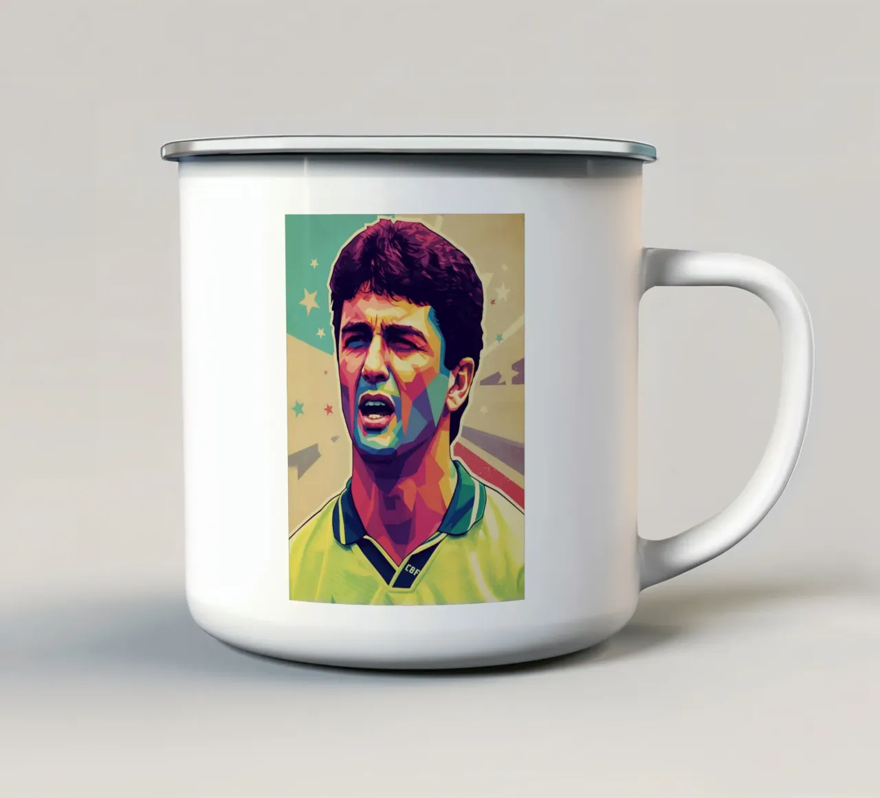 Ritratto pop art di Bebeto tazza in smalto da Hantamrata