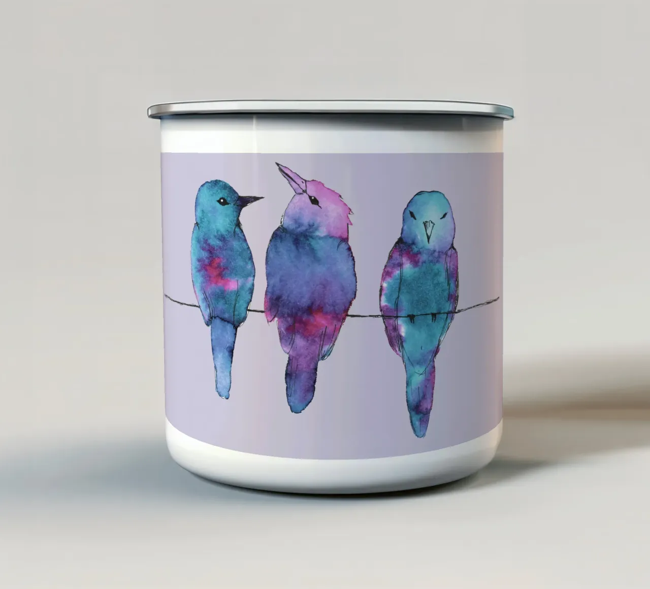 Tre uccelli su un filo tazza in smalto da BwiseLizzy