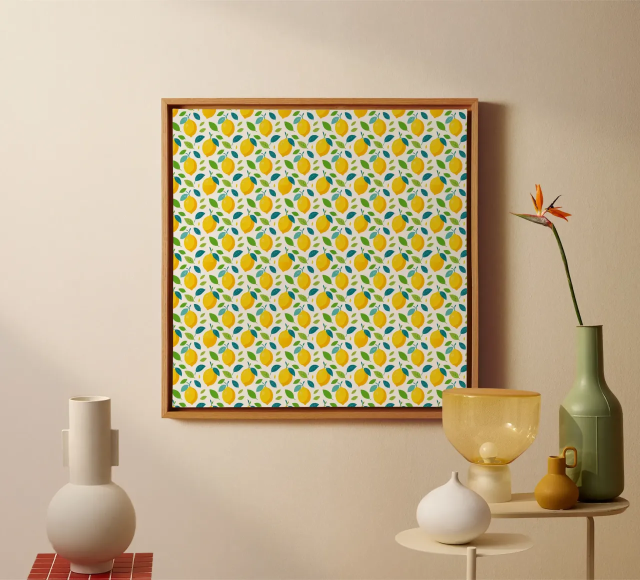 Lemons - All-Over-Zitronendruck Leinwand mit Schattenfugenrahmen von Hightown Design