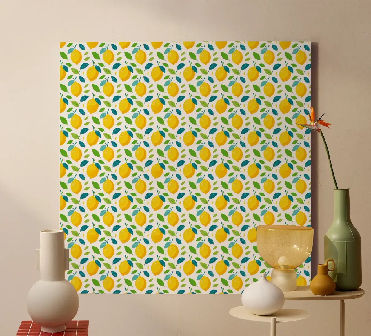 Lemons - All-Over-Zitronendruck Leinwand mit Schattenfugenrahmen von Hightown Design