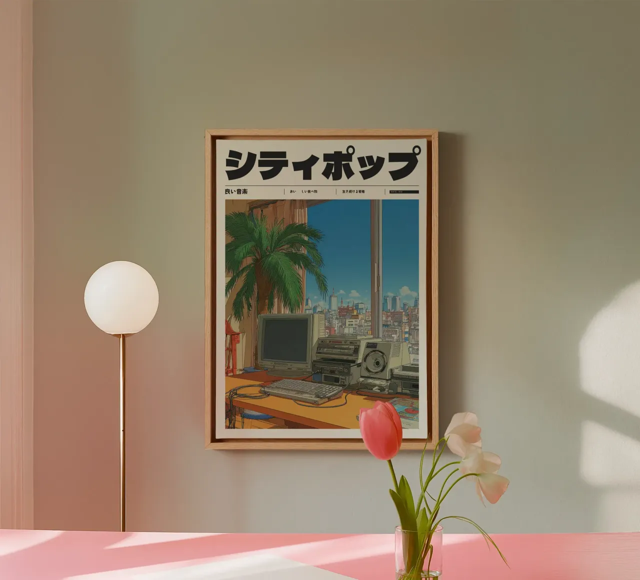Retro Japanese City Pop Desk View 80s Tech tela da Bakara